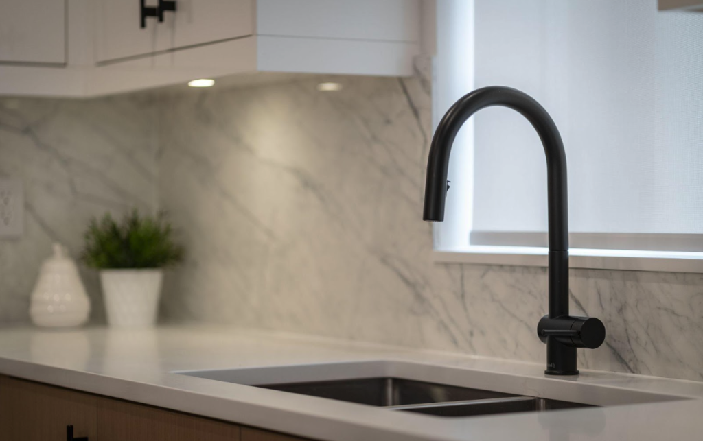 countertop matches well with backsplash