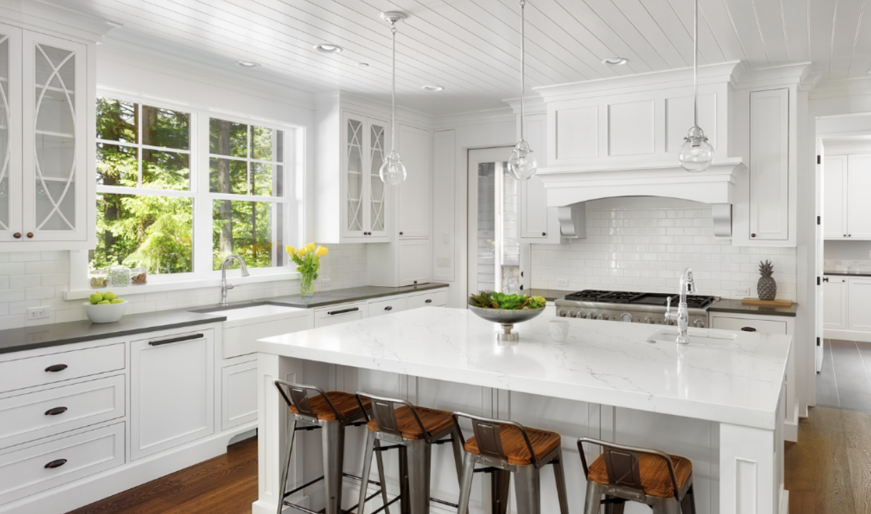 granite countertops with white cabinets