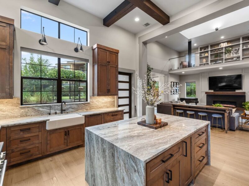 open plan kitchen with stunning countertops